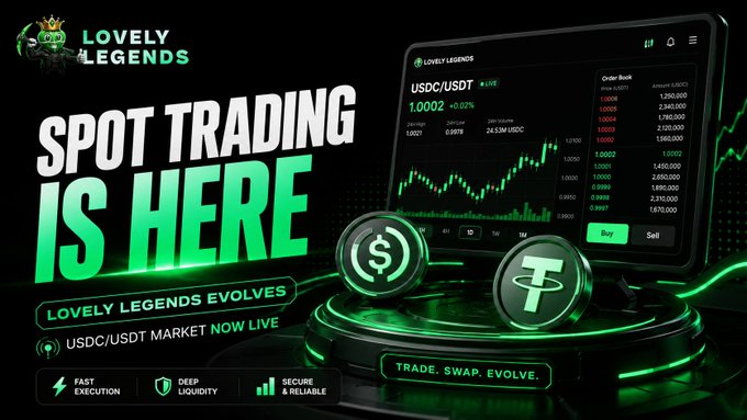 The image announces the launch of "Spot Trading" for Lovely Legends with the USDC/USDT market now live, promoting fast execution, deep liquidity, and reliability. The display shows a trading interface for USDC/USDT, reinforcing the post's congratulatory message on the new crypto exchange.