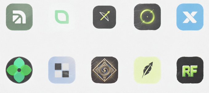 A grid of 10 rounded-square app icons representing various Robinhood early-stage crypto projects, including logos for Arcus, Mintly, Aaro, Oasis, Exypnos (X), Hood Market (flower), Index (checkered), Noxa (quill), and RF (green letters). The icons visually correspond to the listed Robinhood early projects tagged in the accompanying post.