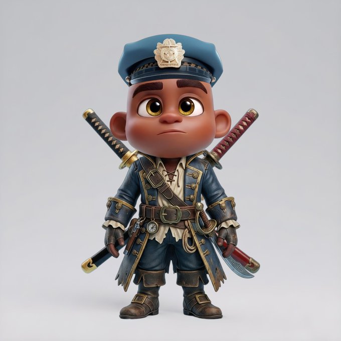 A 3D-rendered chibi-style character dressed as a pirate/captain with a blue hat, blue coat, and crossed swords on his back.