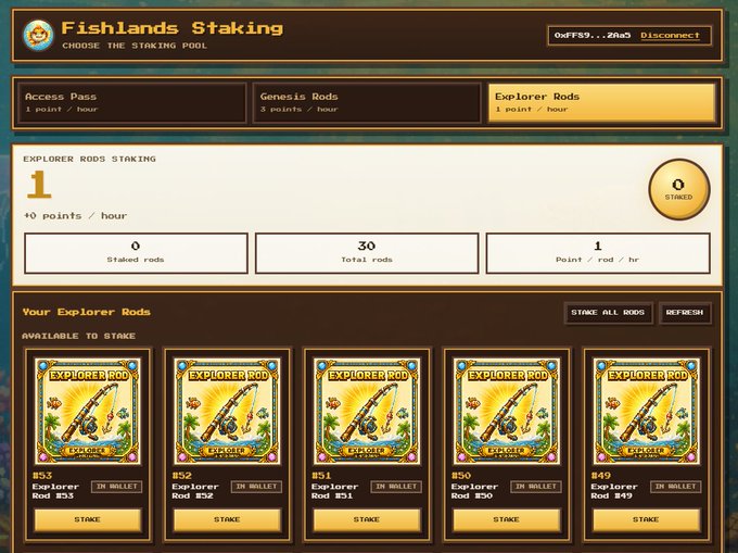 A Fishlands Staking interface displaying the Explorer Rods staking pool with options to stake, showing 30 total rods, 1 point/rod/hour, and 5 available Explorer Rod cards (#49-#53) each in the wallet.