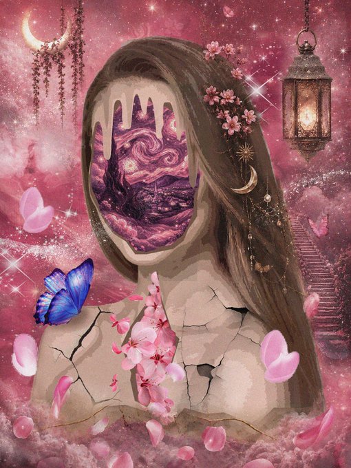 A surreal portrait shows a cracked female figure with a cosmic void for a face, adorned with pink blossoms, a crescent moon hairpiece, a hanging lantern, and a blue butterfly against a pink, starry background.