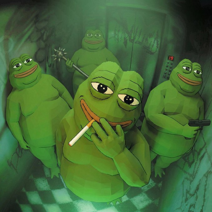 A Pepe the Frog meme illustration showing multiple green frogs in an elevator, one smoking, one holding a mace, and one holding a pistol, with the floor display reading '19'.