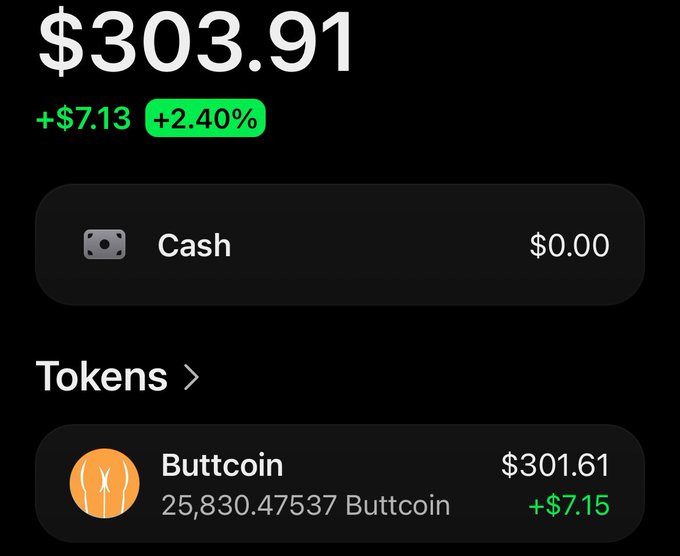 A digital wallet display showing a total balance of $303.91 (+$7.13, +2.40%), with $0.00 in cash and $301.61 in "Buttcoin" (25,830.47537 tokens, +$7.15).