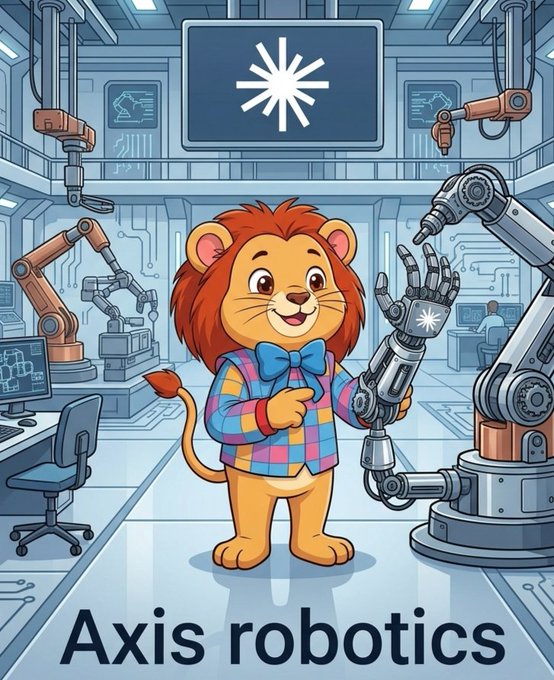 A cartoon mascot of a lion wearing a plaid shirt and blue bowtie holding a robotic arm, labeled 'Axis robotics' in a tech-themed lab setting.