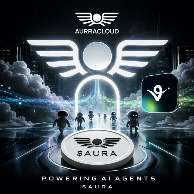 A promotional graphic for 'AURRACLOUD' featuring a winged emblem, small astronaut figures, and the tagline 'POWERING AI AGENTS $AURA' alongside an app icon.
