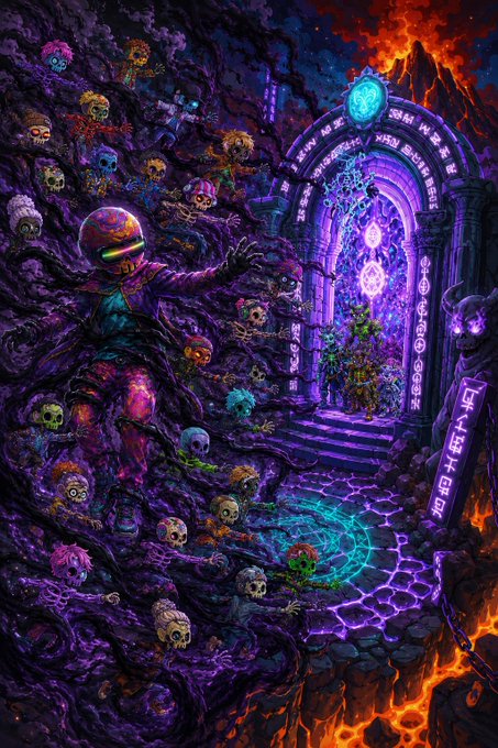 A vibrant, dark fantasy digital artwork featuring an astronaut figure surrounded by skulls, tendrils, and a mystical purple doorway with glowing runes.