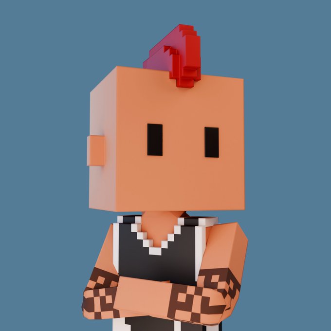 A 3D voxel-style character with a blocky peach-colored head, simple black square eyes, a red mohawk, and brown patterned arm bands against a solid blue background.