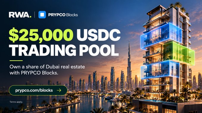 A promotional banner for 'PRYPCO Blocks' advertising a '$25,000 USDC TRADING POOL' for Dubai real estate, set against a city skyline with the Burj Khalifa.