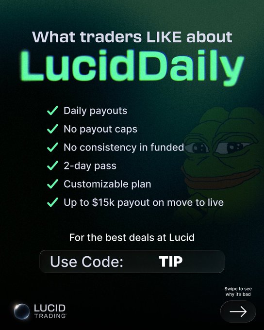 This image is a promotional graphic from Lucid Trading titled "What traders LIKE about LucidDaily," highlighting key benefits including daily payouts, no payout caps, no funded consistency requirements, a 2-day pass, customizable plan, and up to a $15k payout on move to live. It instructs viewers to "Use Code: TIP" for the best deals, tying directly to the giveaway post's entry requirement to comment "TIP" for a chance to win a $50K Lucid Pro funded account.