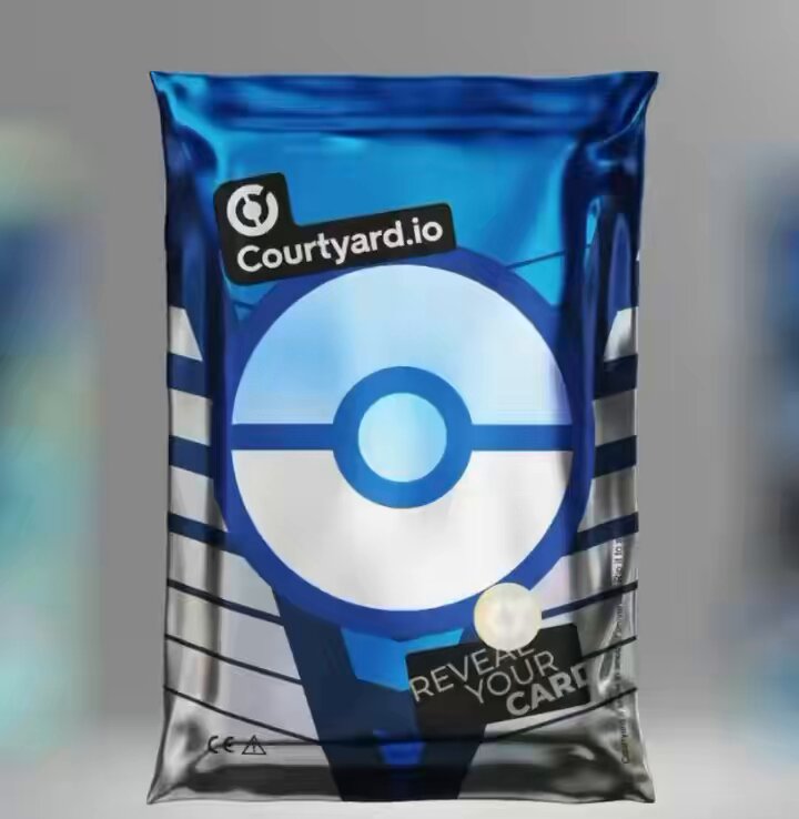 The image features a blue and silver Pokemon card packaging with a white circle containing a blue Pokemon logo. The packaging also includes a tagline that reads "One of my favorite Tag Team cards all-time. Of course I'm bringing the trio of legendary birds home! Never was into the digital packs... But @Courtyard_io just did it right." This post seems to be promoting the physical product, specifically the Pokemon card packaging, and highlighting its features or benefits.