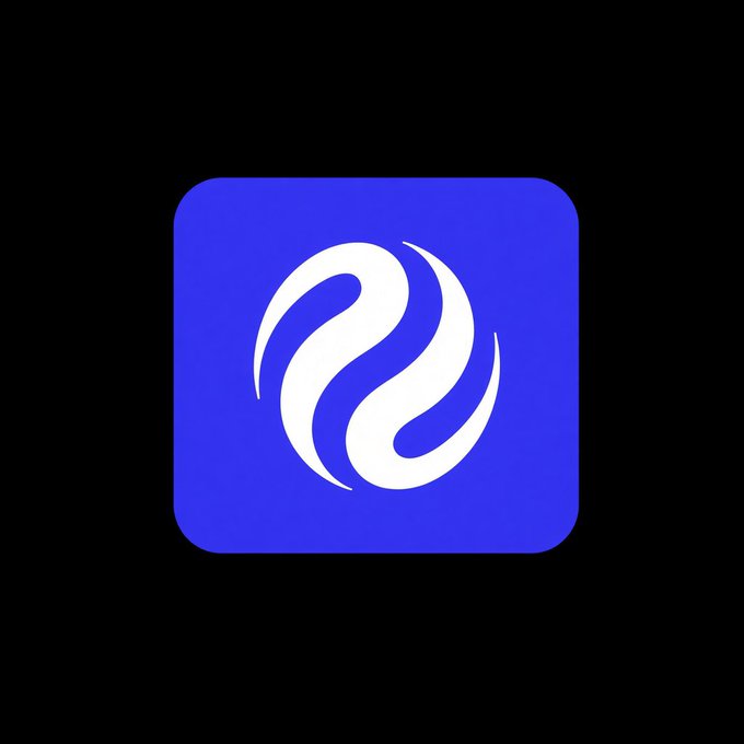 A blue app icon featuring a white stylized wave-like logo on a black background.