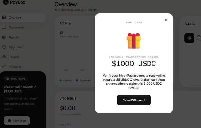 The image shows a PayBox dashboard with a "USDC DROP" popup offering a variable transaction reward of "$1000 USDC" by verifying a MoonPay account and completing a separate $5 USDC transaction. This relates to the post as it depicts a MoonPay verification deal where users can earn substantial rewards (like the $1k mentioned) by completing a small $5 transaction.