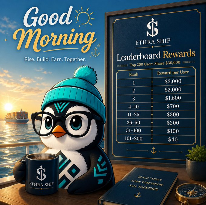 A promotional graphic featuring a cartoon penguin wearing a teal beanie and glasses, with text 'Good Morning' and 'Rise. Build. Earn. Together.' It advertises 'ETHRA SHIP' Leaderboard Rewards totaling $30,000, with tiers ranging from $3,000 for rank 1 down to $40 for ranks 101-200.