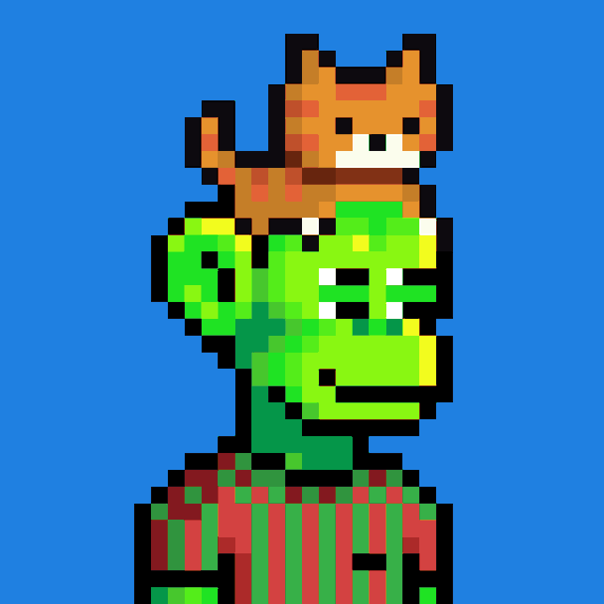 Pixel art showing a brown cat sitting on top of a green dragon's head against a blue background.