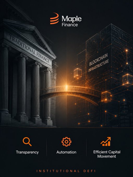 A dark promotional graphic for "Maple Finance" titled "INSTITUTIONAL DEFI," depicting a bridge connecting a classical "TRADITIONAL FINANCE" bank building to a glowing digital "BLOCKCHAIN INFRASTRUCTURE" tower, highlighting Transparency, Automation, and Efficient Capital Movement.