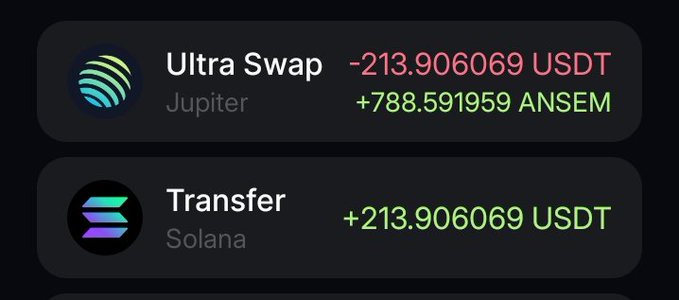 The image shows a crypto transaction history displaying a swap on Jupiter's Ultra Swap, where -213.906069 USDT was exchanged for +788.591959 ANSEM, followed by a separate +213.906069 USDT Solana transfer. This relates to the post by showing a recent purchase of more $ANSEM tokens on a dip, with the swap converting USDT into a substantial amount of ANSEM.