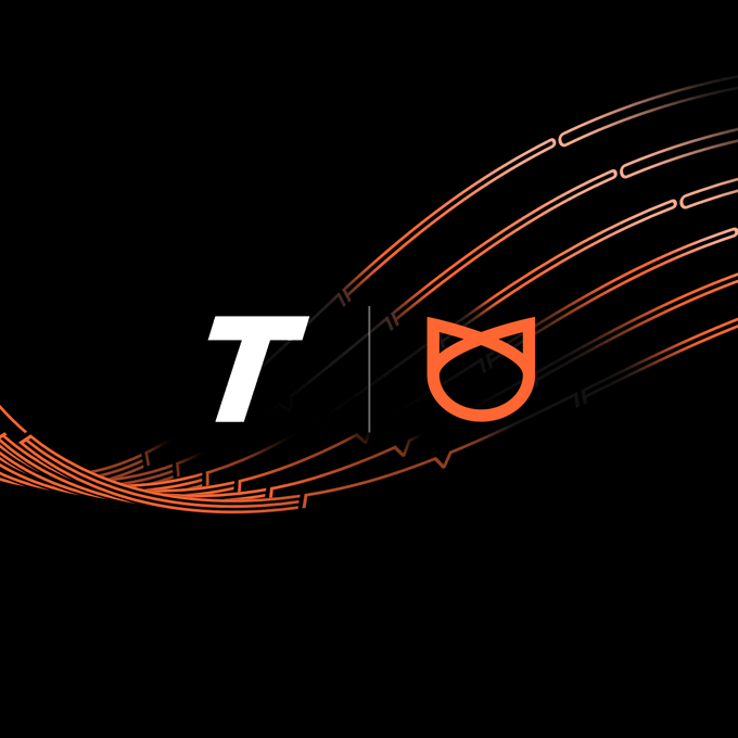 A logo graphic displaying a white 'T' next to an orange cat/devil face icon, with orange swooshes against a black background.