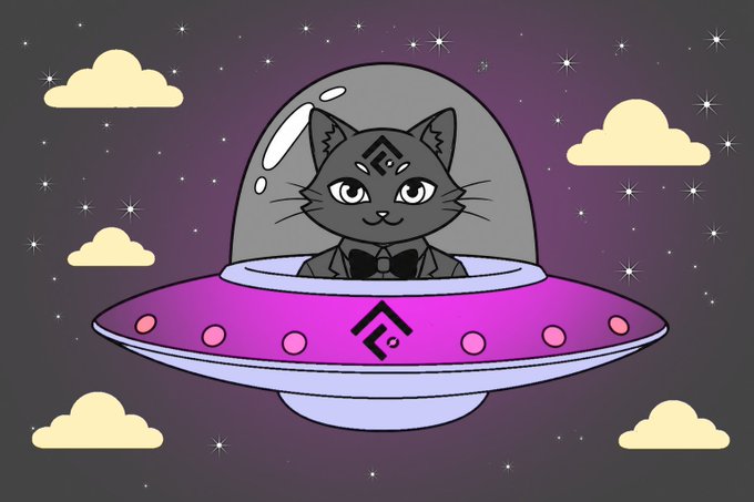 A cartoon illustration of a gray cat wearing a bowtie piloting a pink and purple UFO with a diamond logo on it, flying through a starry purple night sky with yellow clouds.