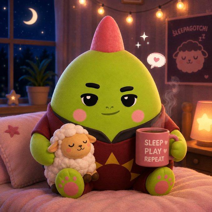 A 3D illustration features a green, pear-shaped character in a robe holding a stuffed lamb and a pink 'SLEEP PLAY REPEAT' mug, set in a cozy bedroom with a 'SLEEPAGOTCHI' poster.