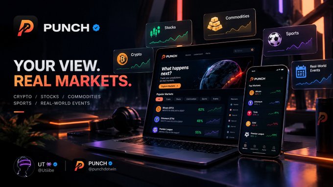 Promotional banner for PUNCH (@punchdotwin), a prediction market platform covering Crypto, Stocks, Commodities, Sports, and Real-World Events, displayed on a laptop and smartphone mockup with the tagline 'YOUR VIEW. REAL MARKETS.'