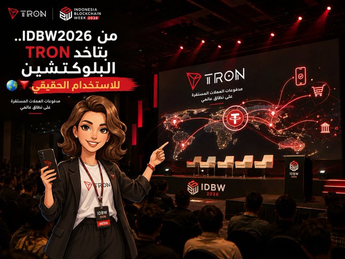 A promotional graphic for 'IDBW 2026' featuring an illustrated woman, a stage backdrop with a world map, and Arabic text promoting the 'TRON' blockchain for real-world use.