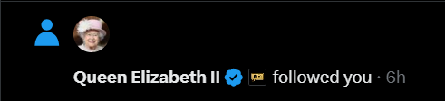 A Twitter notification showing "Queen Elizabeth II ✓ 🆕 followed you · 6h" accompanies a post about a "crypto queen," creating an ironic juxtaposition between the recently deceased British monarch and the cryptocurrency world.