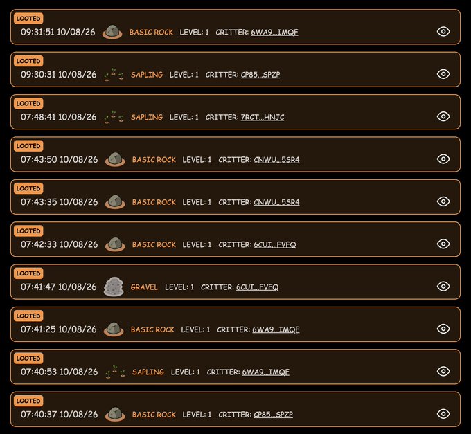 A game activity log displaying "LOOTED" entries timestamped on 10/08/26, showing successful thefts of basic rocks, saplings, and gravel from critters with IDs like 6WA9_IMQE and CP85_SPZF. The log serves as visual evidence supporting the claim about stealing items and resources from other players, showcasing multiple successful loot actions within a single morning session.