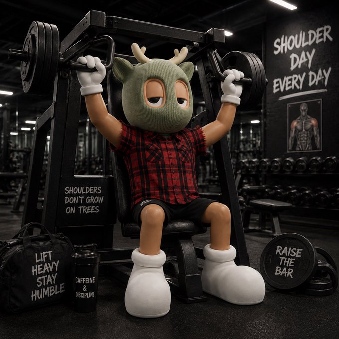 A cartoonish 3D character wearing a deer/antler hat, red plaid shirt, and white gloves sits at a weight machine in a gym, with signs reading 'SHOULDER DAY EVERY DAY', 'SHOULDERS DON'T GROW ON TREES', and 'RAISE THE BAR' visible.