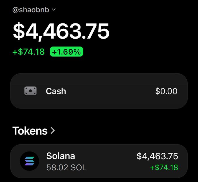 A screenshot of a crypto wallet showing the @shaobnb account with a total balance of $4,463.75, up $74.18 (+1.69%), holding 58.02 SOL worth $4,463.75, likely showing results after an airdrop claim as teased in the "check your wallets in 12 hours" post.