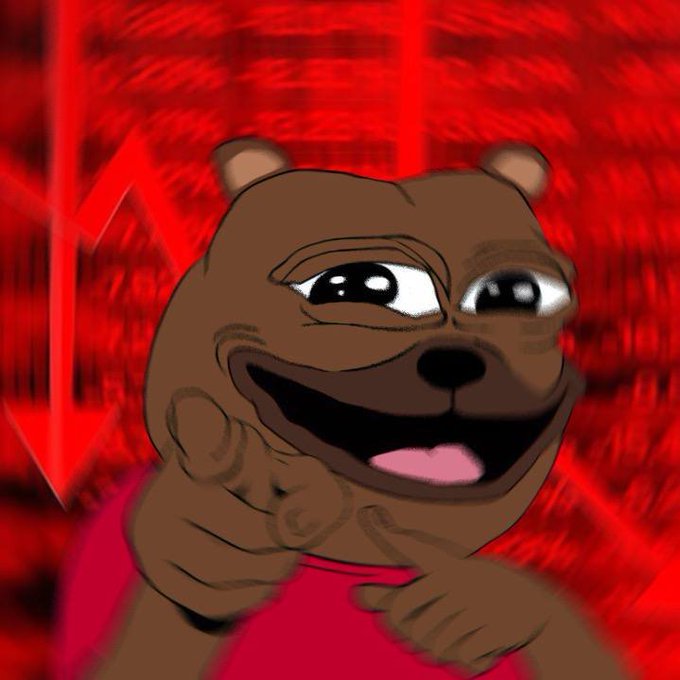 A Pepe the Bear meme illustration showing a brown bear-like character smiling and pointing, set against a background of red downward arrows indicating a market crash.
