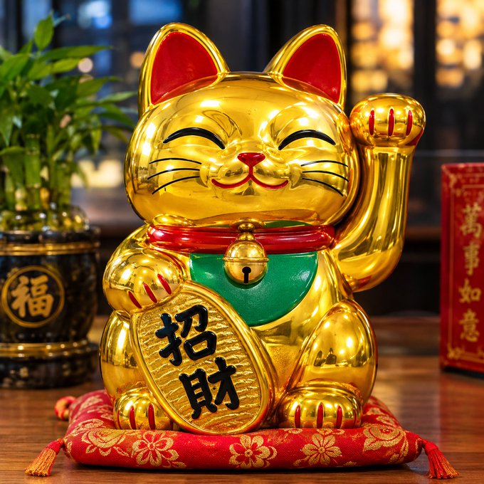 A golden Maneki-neko (lucky cat) figurine with a raised paw sits on a red cushion, holding a gold coin with Chinese characters, with a red box displaying '万事如意' beside it.