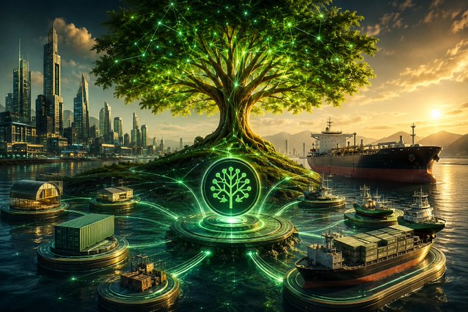 A fantasy digital art image showing a large glowing tree with a green tree-of-life symbol at its base, surrounded by cargo ships, shipping containers, and futuristic cityscape.