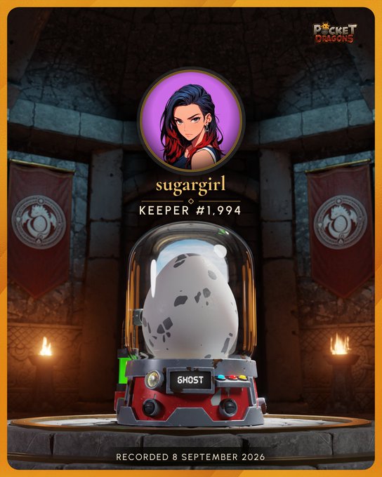 A Pocket Dragons digital collectible certificate titled "sugargirl" (Keeper #1,994), featuring an anime-style female character portrait above a glowing ghost egg in a high-tech incubator labeled "GHOST," recorded on 8 September 2026, promoting Pocket Dragons' new Ghost collectible category with mint details still to be announced.