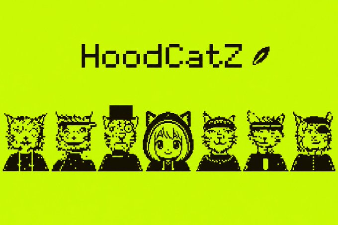 A pixel art graphic with a green background showing the text "HoodCatZ" above a row of seven cat-character avatars in various hats and outfits.