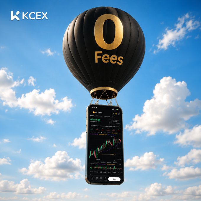 A promotional graphic for KCEX featuring a black hot air balloon with "0 Fees" written in gold text, carrying a smartphone displaying a crypto trading chart with candlestick patterns rising against a blue cloudy sky.