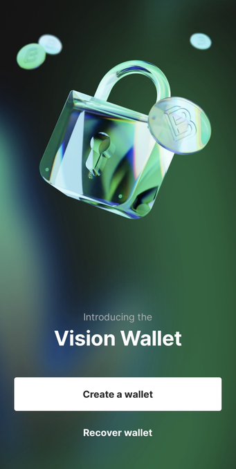 A social media app with a green background that shows an advertisement for Vision Wallet. The image displays a lock and several coins flying above the lock, symbolizing the digital currency market. The text on the screen suggests that users can create a wallet and watch the price of their chosen cryptocurrency move.