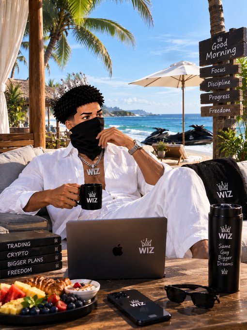 A man in a white outfit and black face covering sits at a beachside table with a laptop, coffee mug, and tumbler branded 'WIZ,' with a sign listing 'Good Morning, Focus, Discipline, Progress, Freedom.'