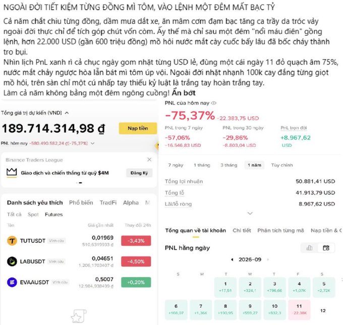 A Vietnamese article headline discusses a farmer losing 600 million VND overnight on the PNL trading platform, accompanied by screenshots showing a -75.37% daily loss and account balance of 189,714,314.98 VND.