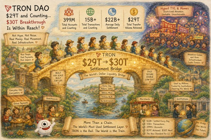 A vibrant illustrated infographic celebrating TRON DAO's $29T cumulative transfer milestone, featuring a central "Settlement Bridge" graphic with key stats: 399M accounts, 15B+ transactions, $22B+ average daily settlement, and $29T total transfer volume, alongside the tagline "TRON is the Rail. The World is the Train." The artwork visualizes the accompanying post's announcement of TRON approaching the $30T breakthrough with nearly 400M accounts and over 15 billion transactions.