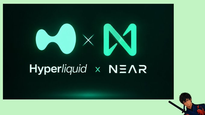 A promotional graphic on a dark background displaying the Hyperliquid logo alongside the NEAR Protocol logo, with the text 'Hyperliquid x NEAR' below and a small character in the bottom right corner.