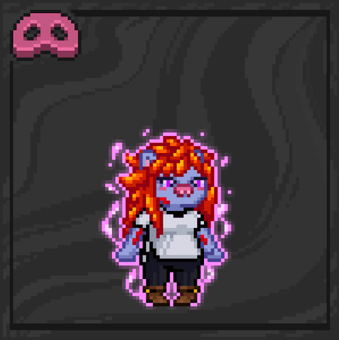 Pixel art character of a blue-skinned figure with red hair, surrounded by a pink glow, set against a dark gray background with a pink mask icon.
