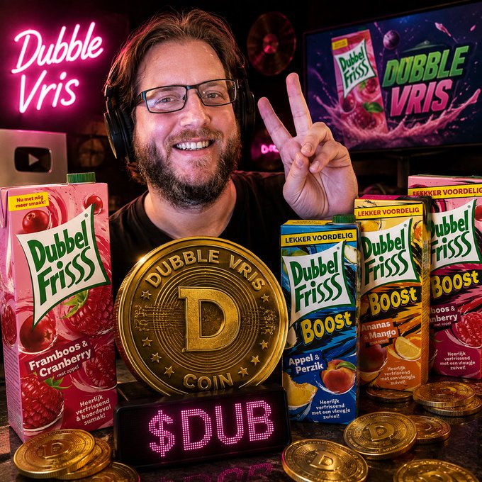 A man with glasses and headphones holds up a peace sign, surrounded by Dubbel Friss juice cartons (Framboos & Cranberry, Appel & Perzik, Ananas & Mango flavors), a large golden Dubble Vris Coin, and a neon sign reading 'Dubble Vris' and '$DUB'.