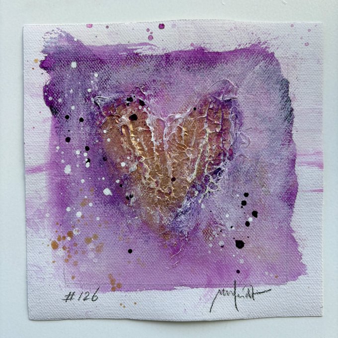 A small canvas painting labeled '#126' featuring a textured heart shape in gold and copper tones against a purple watercolor background with paint splatters, signed by the artist.