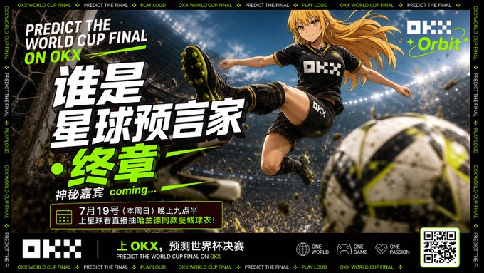 A promotional banner for OKX featuring anime artwork of a female soccer player kicking a ball, with text including 'PREDICT THE WORLD CUP FINAL ON OKX', '谁是星球预言家 终章' (Who is the Planet Prophet: Final Chapter), and '上OKX, 预测世界杯决赛' (On OKX, predict the World Cup final).