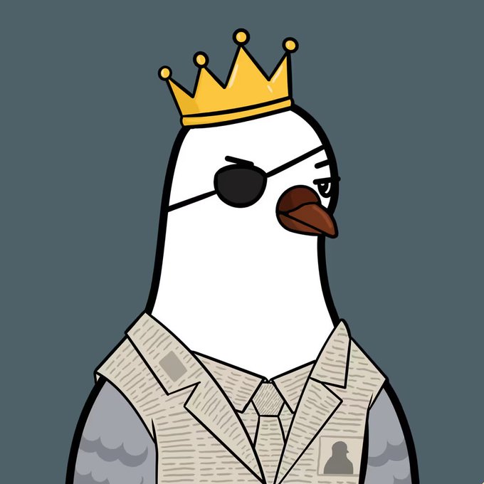A cartoon illustration of a seagull wearing a golden crown, an eye patch, and a beige suit jacket over a gray shirt, with a stern expression.