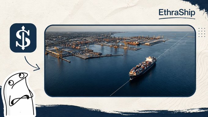 The image shows an aerial view of a bustling port with a large cargo ship and shipping cranes, branded with the "EthraShip" logo in the top right corner, alongside a navy blue icon featuring a dollar sign and a cartoon character observing the scene. This nautical imagery ties into EthraShip's maritime-themed branding, complementing their post about Ethra Harbor connecting stablecoin capital to Morpho strategies on Base, with yield funding Sea Verity's satellite, AIS tracking, and real-world reporting initiatives.