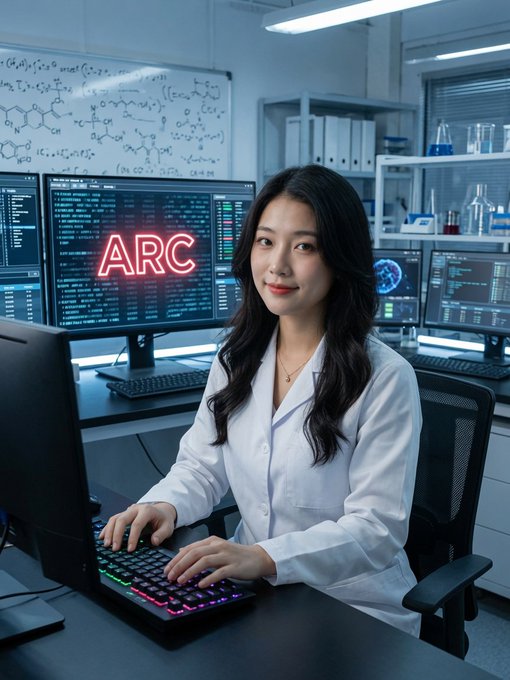A young woman in a white lab coat working at a computer in a high-tech lab setting, with a neon 'ARC' sign visible on a monitor behind her.