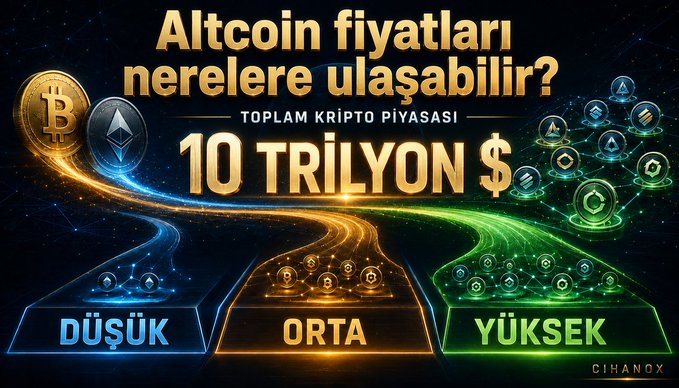 A vibrant crypto-themed graphic displays the Turkish headline "Altcoin fiyatları nereye ulaşabilir?" (Where could altcoin prices reach?) above the figure "10 TRİLYON $" (10 Trillion $), illustrating three potential market scenarios labeled "DÜŞÜK" (Low), "ORTA" (Medium), and "YÜKSEK" (High) with flowing streams of cryptocurrency coins representing each projection.

The image visually supports the post's simulation of how altcoin prices in a DCA portfolio could vary if the total crypto market reaches a $10 trillion valuation, presenting the bull, base, and bear scenarios without making arbitrary price predictions.