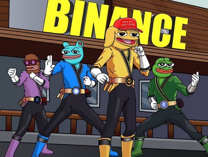 A parody cartoon using Power Rangers-style characters dressed as Pepe the Frog in different colors, with one wearing a 'MAKE USD GREAT AGAIN' red hat, standing in front of a 'BINANCE' sign.