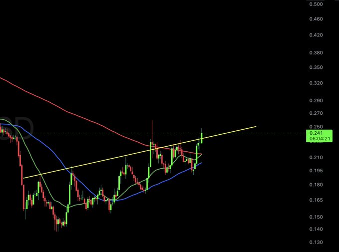 A candlestick chart for Cardano (ADA) shows the price recently testing a yellow ascending trendline resistance near $0.24, with the current price marked at $0.241 on 08/04/21, suggesting a potential breakout toward the projected $0.40 level mentioned in the post.